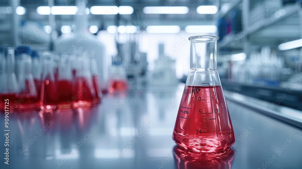 Poster Modern laboratory setting with a focus on a glass beaker containing a vibrant red liquid on a clean. Generative AI.