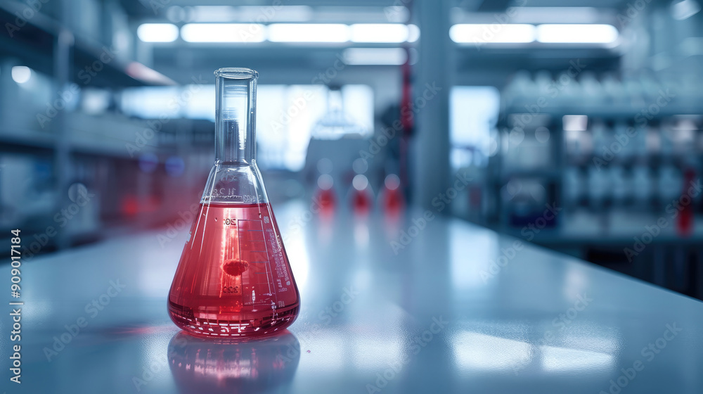 Poster Modern laboratory setting with a focus on a glass beaker containing a vibrant red liquid on a clean. Generative AI.