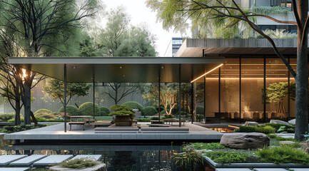 Fototapeta premium Gazebo in the garden in the outdoor courtyard, showcasing an open-air seating area surrounded by greenery and trees. with flat roofs and large windows overlooking a tranquil garden. Generative AI.