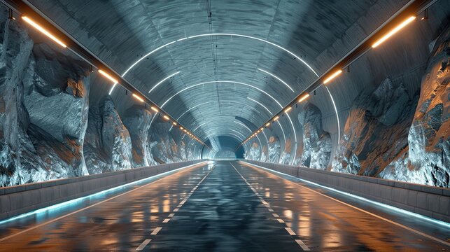 Fototapeta Modern highway tunnel through a mountain, with illuminated walls and a smooth road surface