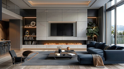 Modern minimalist style living room, minimalist style, TV wall with built-in LED screen, light off-white cabinets on both sides of the fireplace. The sofa and there is an armchair next to it.