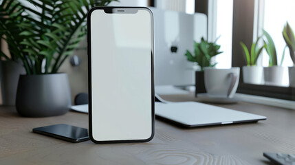 Modern smartphone with blank screen on wooden desk. Perfect for mockup.