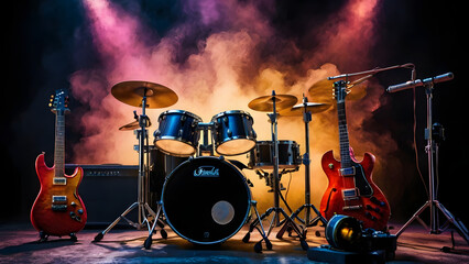 A drum set is surrounded by colorful smoke, creating a vibrant