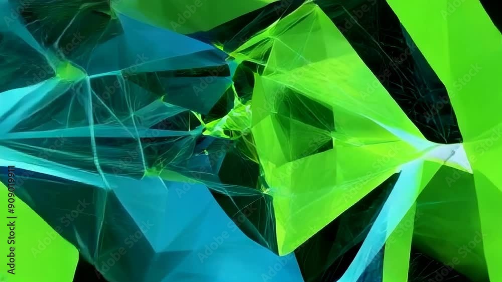 Poster abstract geometric shapes in vibrant green and blue tones form an intricate pattern, creating a dyna