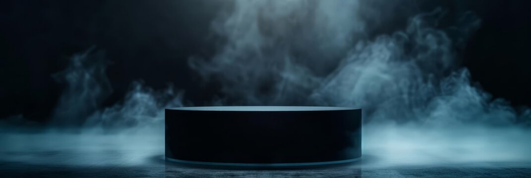Black podium surrounded by dark smoke