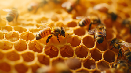 Honeycomb with bees working on it.