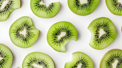 Fototapeta premium Fresh kiwi halves placed neatly, revealing their juicy interior and seed patterns. The image emphasizes the natural beauty of the fruit on a white background
