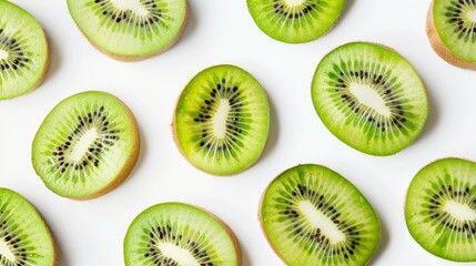 Fototapeta premium Fresh kiwi halves placed neatly, revealing their juicy interior and seed patterns. The image emphasizes the natural beauty of the fruit on a white background
