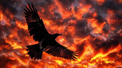 Obraz premium Silhouette of a bird in flight with a sunrise and cloud scene merging within its wings