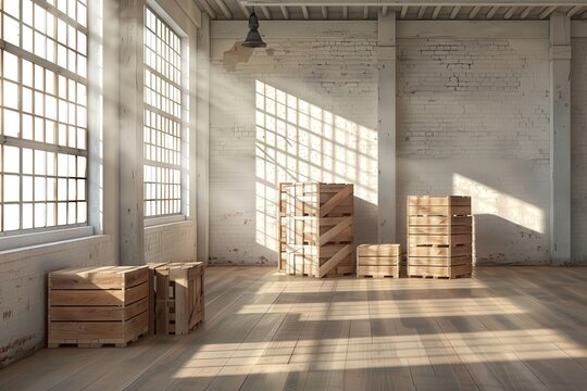 Sunlight streams through large windows in an empty industrial loft space, illuminating wooden crates on the floor.