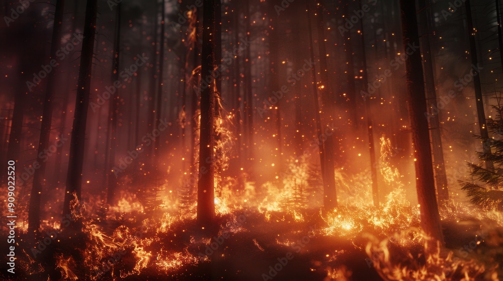 Poster bright flames engulf trees in a forest, creating a dramatic display of fire and smoke at dusk as ash
