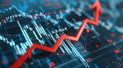 Red arrow pointing upwards on a digital screen, symbolizing growth and success.