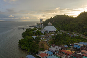 Sandakan mosque and sunset over the city