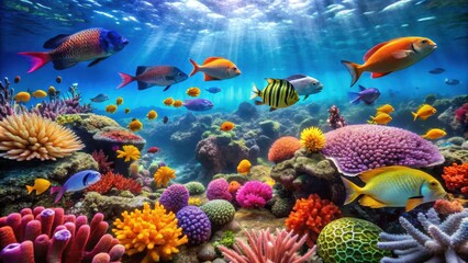 Underwater photograph capturing the colorful and vibrant sea life in the depths of the ocean, underwater, realm, photography