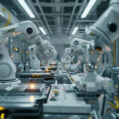 Advanced Robotic Arms Assembling Components In High-Tech Manufacturing Facility During Daytime