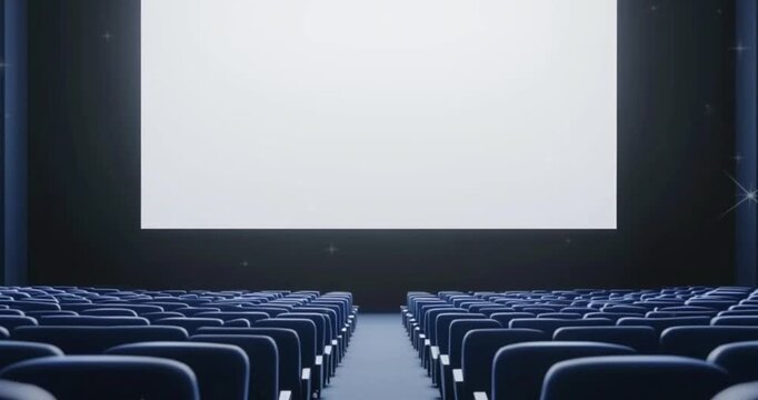A movie theater with blue seats and a large white screen. There was no one in the room.  The focus of attention should be on the big blank screen that took up most of the of the picture