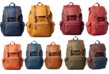 classic multi pocket backpacks set in different colours isolated on transparent background, Collection