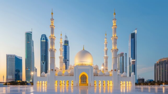 A serene mosque with intricate designs, surrounded by the neon vibrancy of the city, blending tradition and modernity in a harmonious nightscape