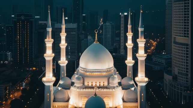 A serene mosque with intricate designs, surrounded by the neon vibrancy of the city, blending tradition and modernity in a harmonious nightscape
