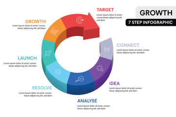 7 Step 3D Arrow Cycle Infographic Vector Illustration. Business Growth Projection Infographic Concept.