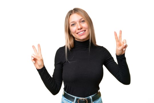 Young pretty blonde woman over isolated chroma key background showing victory sign with both hands
