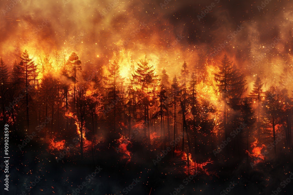 Poster A forest is engulfed in flames, with bright fires consuming trees and dark smoke swirling in the air, creating a scene of destruction and chaos. Generative AI
