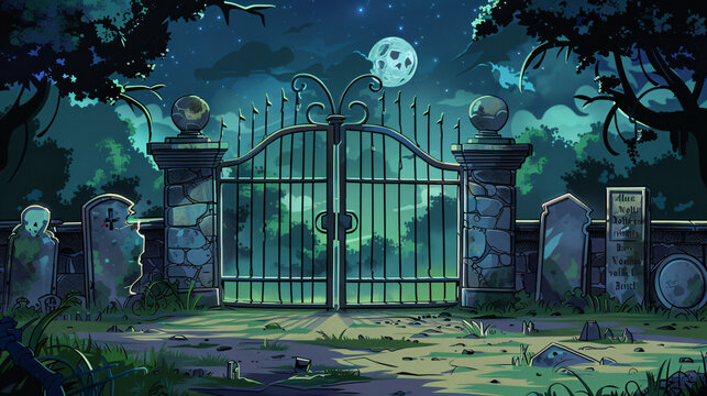 Illustration of an ancient wrought iron cemetery gate opening onto a spooky graveyard bathed in moonlight