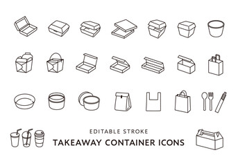 いろんな食べ物テイクアウト容器のアイコンセット（モノクロ）
