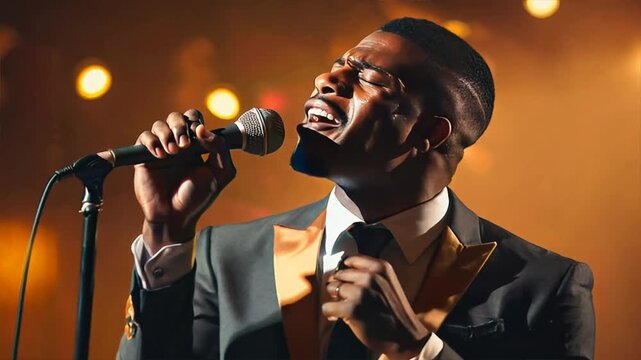 Handsome guy singer with microphone captivating crowd in dimly lit nightclub