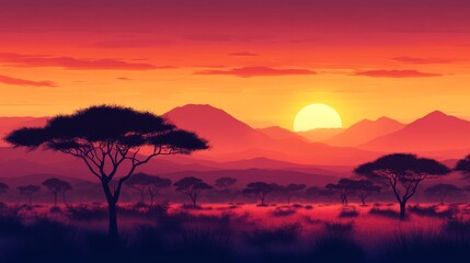 Fototapeta premium Sunset Over Silhouetted Trees and Mountains in a Grassy Field