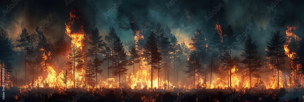 Poster A fierce wildfire blazes through a forest, consuming trees while thick smoke and ash billow into the air, creating a dramatic and destructive atmosphere. Generative AI