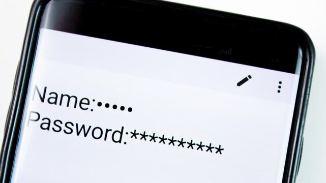 Username and password on the smartphone screen on the table. Entered username and password on your smartphone,animation