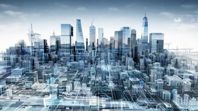 Abstract city skyline background with floating buildings