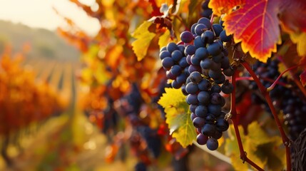 Fototapeta premium Harvesting ripe grapes in an autumn vineyard with colorful leaves and rolling hills in the background.