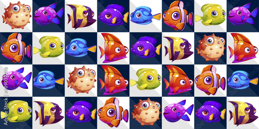 Poster marine tile pattern of fish, each tile has its own fish. vector fish stylish pattern.