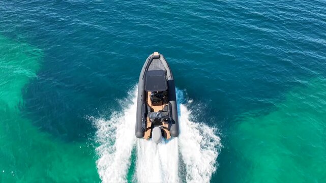 Aerial drone tracking video of  luxury inflatable rib speed boat cruising in mediterranean deep blue sea