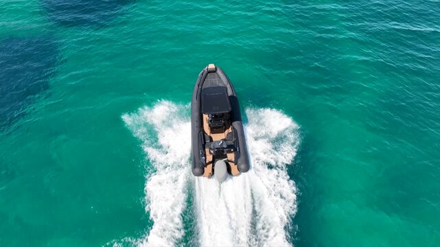 Aerial drone tracking video of  luxury inflatable rib speed boat cruising in mediterranean deep blue sea