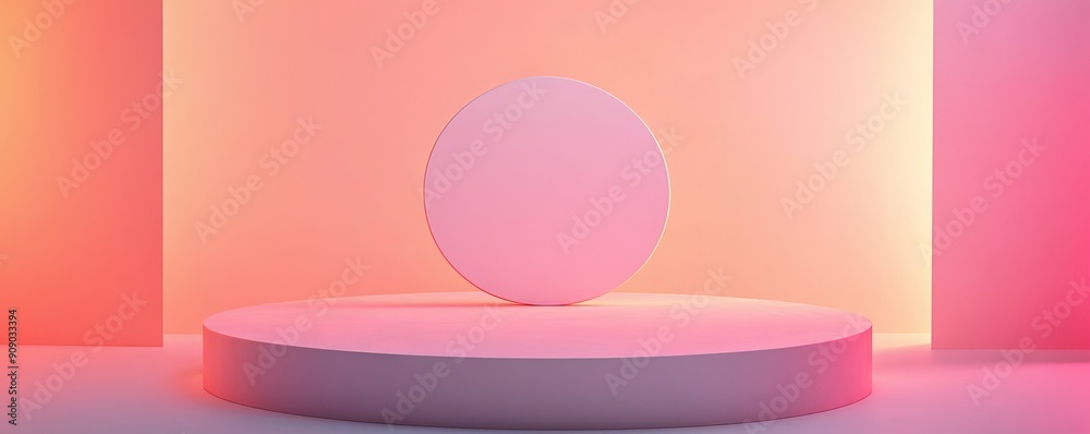 Poster Minimalist pink podium with round backdrop and soft gradient lighting, abstract studio shot. Modern display and presentation concept
