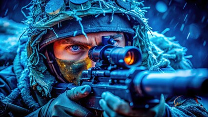 Armed Forces Sniper Aiming Rifle with Scope Amidst Snowfall at Night