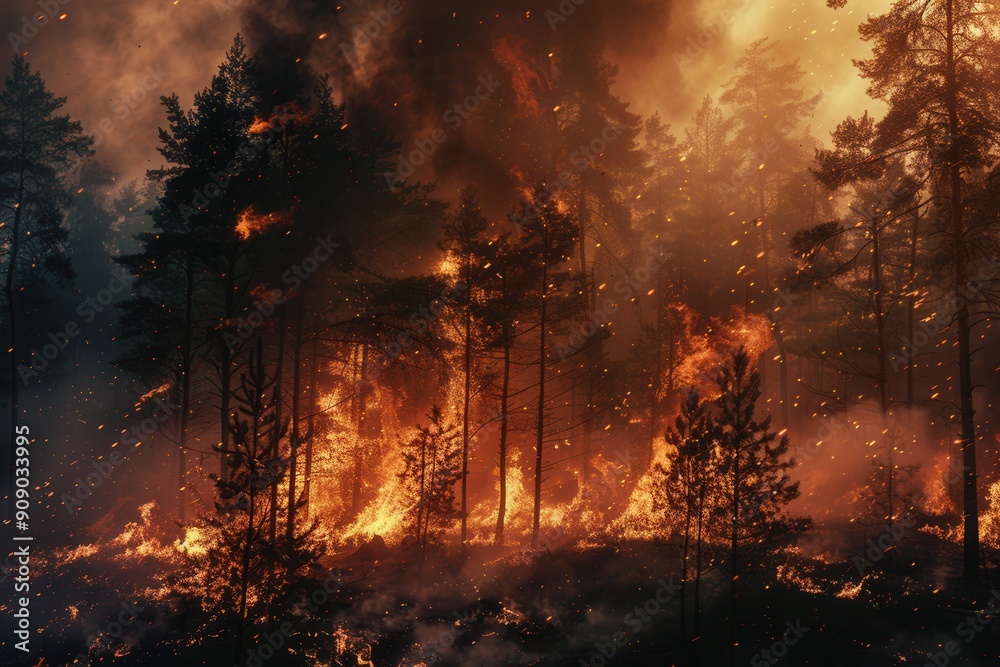 Poster flames consume trees as smoke and ash fill the air, creating a dramatic and dangerous atmosphere in 