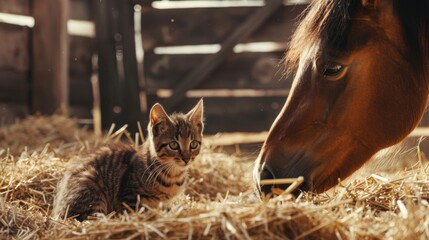 Playful Encounter Between Horse and Cat in a Hay Field