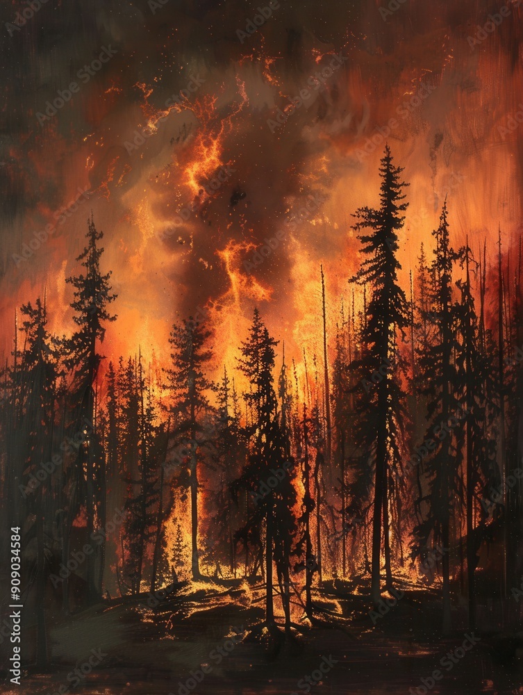 Poster flames engulf a lush forest as smoke and ash rise into the air, illustrating the destructive reality
