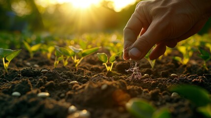 A farmer sowing seeds into fertile soil, symbolizing new beginnings