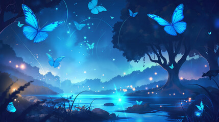 Obraz premium The Magic butterflies flying above fairy tale lake in night forest, game background, Illustration