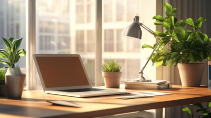 Fototapeta premium Modern Office Workspace with Productivity Tools Driving Business Growth and Efficiency