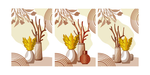 Vases, dry branches, golden feathers, wall poster set, color drawing