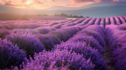 Obraz premium A sunny day on a lavender farm, with rows of purple flowers swaying gently