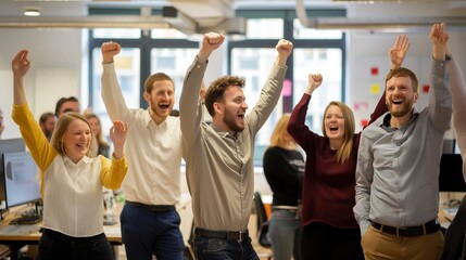 Fototapeta premium team of colleagues celebrating the successful completion of a project