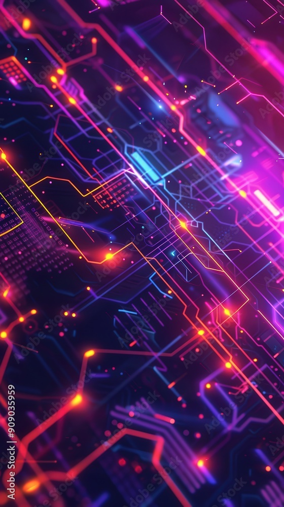 Poster a dazzling array of neon lights illuminates a complex network of digital patterns, creating a captiv