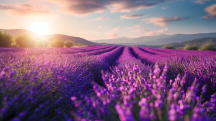 Obraz premium A sunny day on a lavender farm, with rows of purple flowers swaying gently